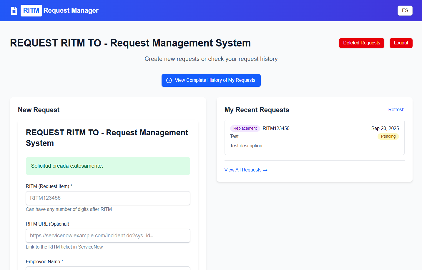 RITM Request Manager employee form