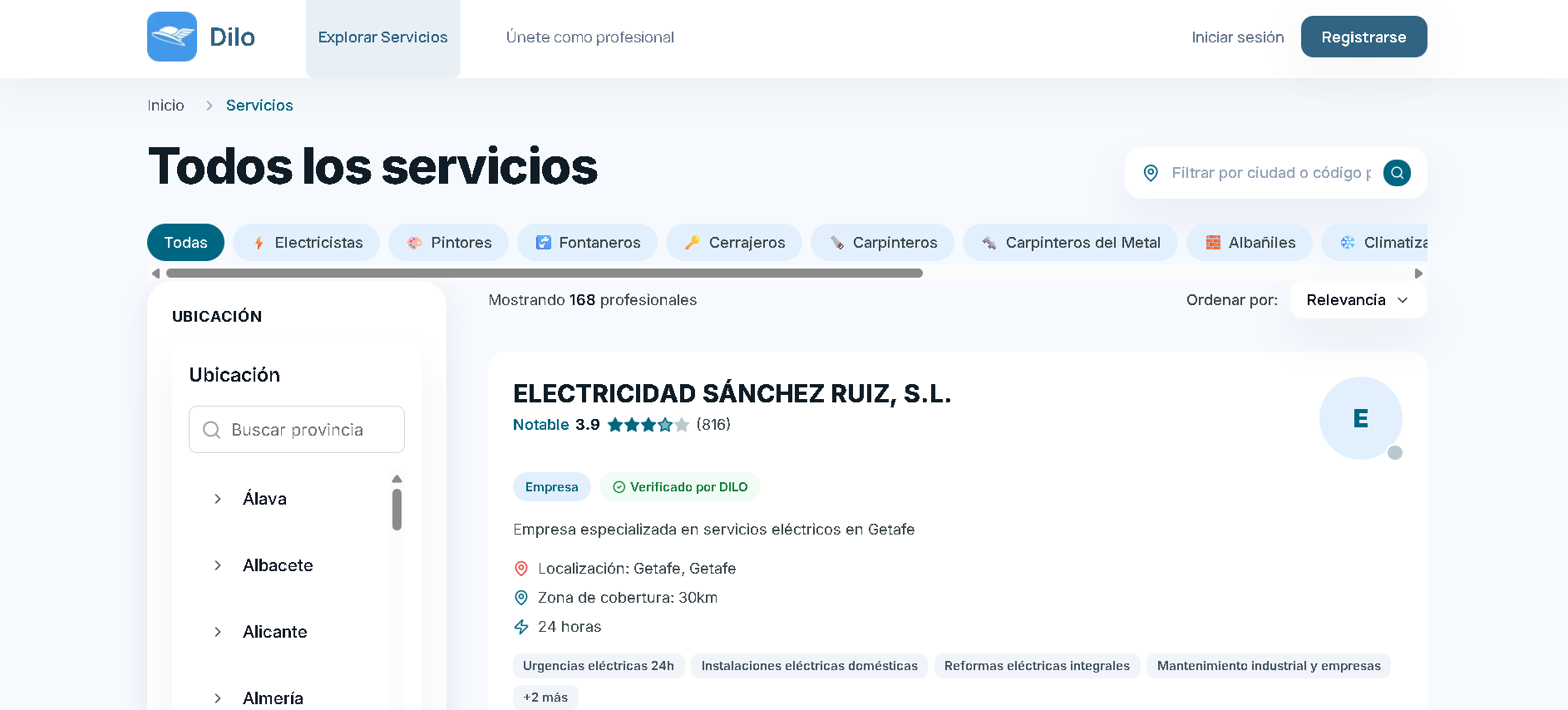 Dilo App - Perfil de profesional con información y reseñas